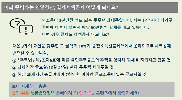 미리 준비하는 연말정산, 월세세액공제 어떻게 되나요? 연소득이 3천만원 정도 되는 무주택 세대주입니다. 저는 12평짜리 다가구 주택에서 혼자 살면서 매달 50만원씩 월세를 내고 있습니다. 이런 경우 월세도 세액공제가 되나요? 다음 3개의 요건을 갖추면 그 그액의 10% 종합소득산출세액에서 공제되므로 세액공제를 받으실 수 있습니다. 1. 주택법 제2조제6호에 따른 국민주택규모의 주택을 임차해 월세를 지급하고 있을 것 2. 과세기간 종료일(12월31일) 현재 무주택 세대주일 것 3.해당 과세기간 총급여액이 7천만원 이하인 근로소득이 있는 근로자일 것  보다 자세한 내용은 찾기 쉬운 생활법령정보 홈페이지 1인 가구 콘텐츠를 확인하세요!