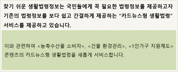 찾기 쉬운 생활법령정보는 국민들에게 꼭 필요한 법령정보를 제공하고자 기존의 법령정보를 보다 쉽고 간결하게 카드뉴스형 생활법령 서비스를 제공하고 있습니다. 이와 관련하여 <농축수산물 소비자>, <건물 환경관리>, <1인가구 지원제도> 콘텐츠의 카드뉴스형 생활법령을 새롭게 서비스합니다. 