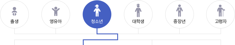 출생, 영유아, 청소년, 대학생, 중장년, 고령자 / 생애주기 중 청소년 단계는 다음 목록의 법령 정보를 확인할 수 있습니다.