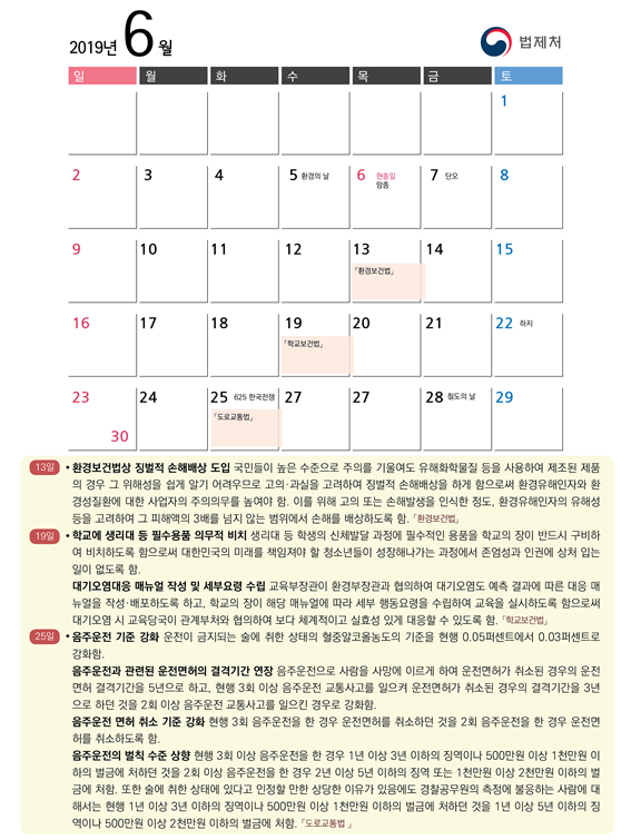 2019년 6월 주요 시행법령 : 자세한 내용은 아래의 붙임1 시행법령 및 시행일자 참고