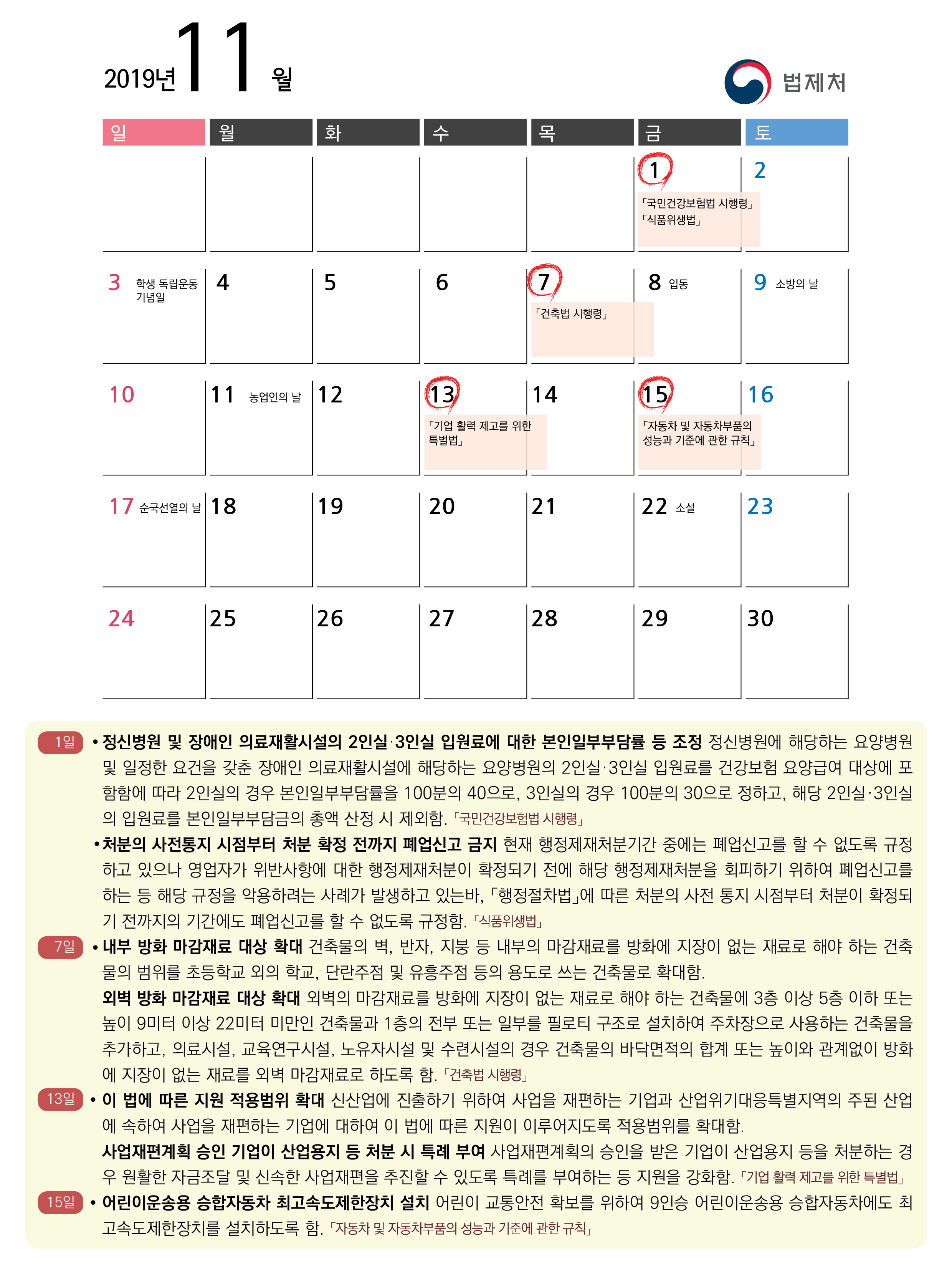 2019년 11월 주요 시행법령 : 자세한 내용은 아래의 붙임1 시행법령 및 시행일자 참고